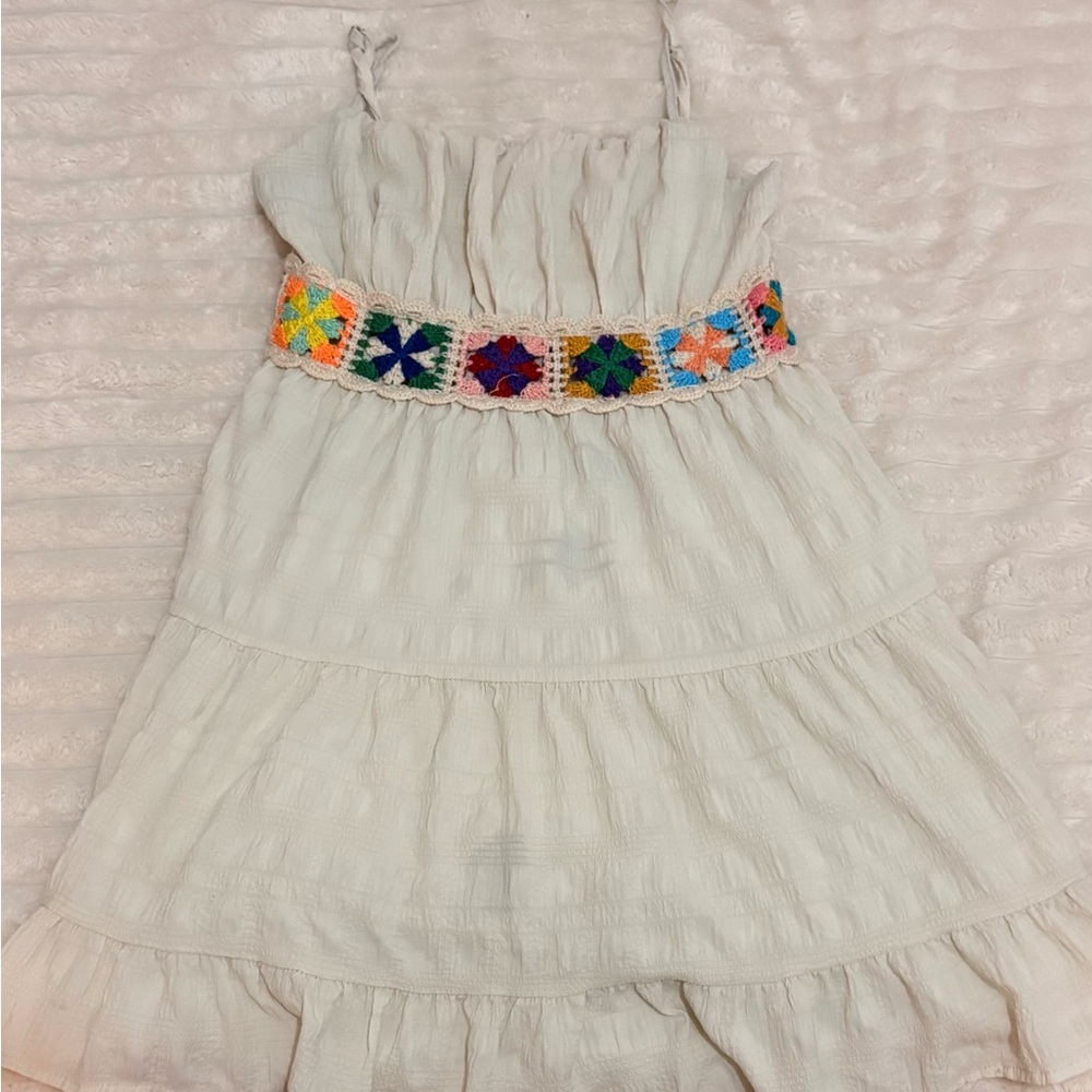 White Dress with Colorful Crochet Belt